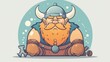 A cartoon viking with a big beard and axe sitting on the ground, AI