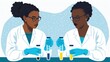 Two Black women scientists in lab coats and gloves are conducting experiments with test tubes.