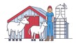 A woman farmer in blue overalls stands in front of a barn with two goats.