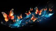 A group of orange neon butterflies on a black background with glowing blue neon spots.