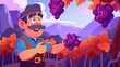 A farmer with a wide smile and a mustache holding a bunch of grapes in his left hand. The background features a purple mountain range, yellow foliage, and a purple sky.