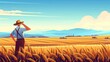A farmer stands in a golden wheat field, looking out at the sky.