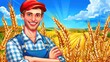 A cartoon farmer stands in front of a golden wheat field with a bright blue sky in the background.