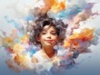 A girl with curly hair wearing a white shirt. She's surrounded by colorful clouds, and her expression looks happy. The background is hazy, and the colors are vibrant, creating a dreamy atmosphere.