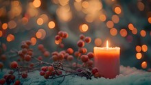 Red Berries In The Snow And Burning Orange Candle With Bokeh Light Blur Background. 