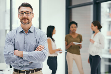 Poster - Businessman, portrait and confidence in office for leadership, planning and management. Project manager, idea and vision in workplace for teamwork, company meeting and brainstorming strategy or goal