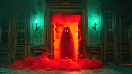 Canvas Print - A red ghost figure with eyes appears behind the burning door. The door is between two green lights, and there is smoke around the figure.