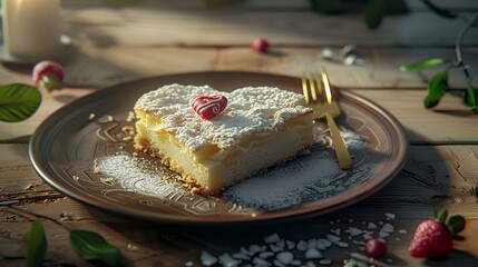 Wall Mural - Cheesecake in the form of a heart on a wooden background