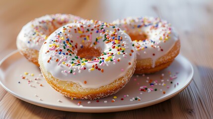 Wall Mural - Homemade donuts with sprinkles on a plate, close-up