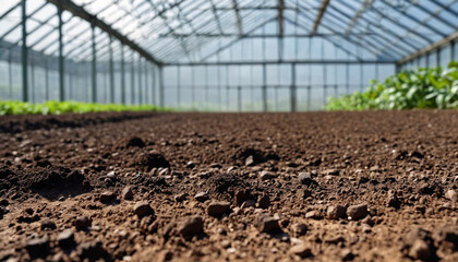 Wall Mural - Loose soil before planting vegetables, agriculture. Preparing the soil for planting a nursery on an organic vegetable farm. Indoor greenhouse with soil background.