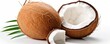 Whole coconut and its pieces on white background