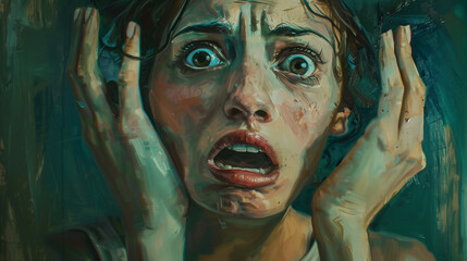Wall Mural - A woman is shocked and scared, her hands on the sides of his face, in a closeup portrait, oil painting, with brush strokes