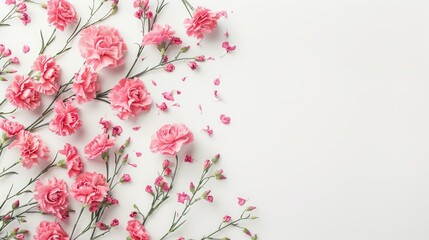 Wall Mural - Gorgeous pink carnation flowers arranged in a flat lay style grace the right side of the banner against a pristine white backdrop leaving ample space on the left for your personalized messa