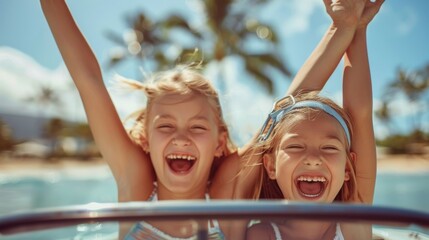 Canvas Print - Two girls in swimsuits on a boat with their arms up, AI