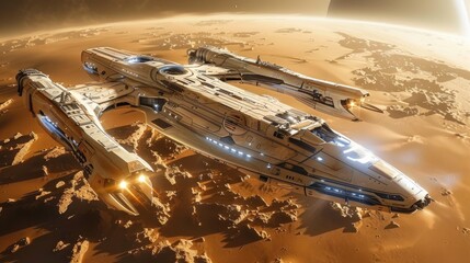 Wall Mural - A white and gold spaceship flies over a desert planet. It has a stylish design with blue lighting at the bottom.