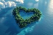 The image features a heart-shaped island in the middle of the ocean. The island is covered in green trees, and there are white clouds in the sky above. The water surrounding the island is a beautiful 