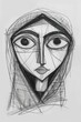A woman's face with a hood. She has a big nose and big eyes. Lips are thin.