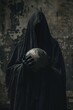 A cloaked figure in black holds a globe in their hands.