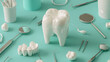 a white model of a molar tooth surrounded by various dental tools and equipment. The central focus is on the large, glossy tooth model, while smaller teeth models are scattered around it