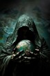 A cloaked figure holds a globe in his hands.