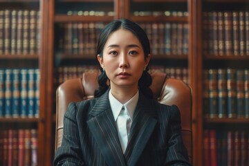 Canvas Print - An Asian woman prosecutor in a suit sits in a leather chair in front of a bookshelf and looks at the camera.