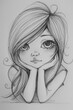 Pencil drawing of a cartoon girl with long hair and big eyes. He leans on his hands and looks at the camera.