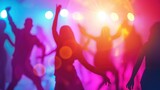 Fototapeta  - Silhouettes of people dancing in a club blurred background created with Generative AI
