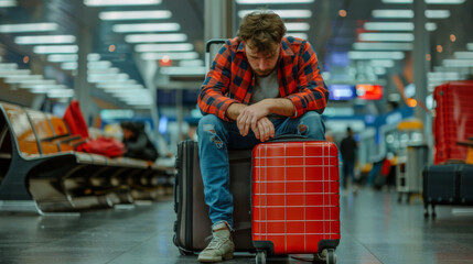 Canvas Print - A man sitting on a bench with his luggage in an airport, AI