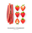 Raw rhubarb sticks and strawberry fruits isolated on white background.