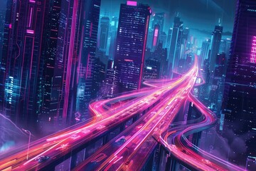 Wall Mural - Dynamic cyberpunk cityscape featuring neon-lit highways weaving through skyscrapers