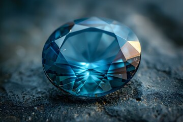 A blue diamond sitting on top of a rock covered in dirt and dirt patches with a blue center