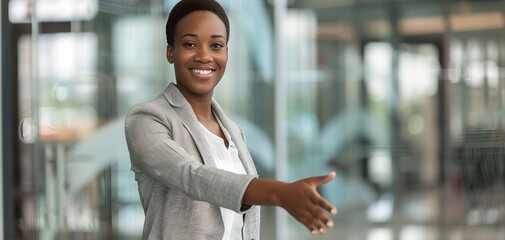 Poster - Confident businesswoman extending hand for handshake in modern office setting. Welcoming professional gesture. Casual corporate style. AI