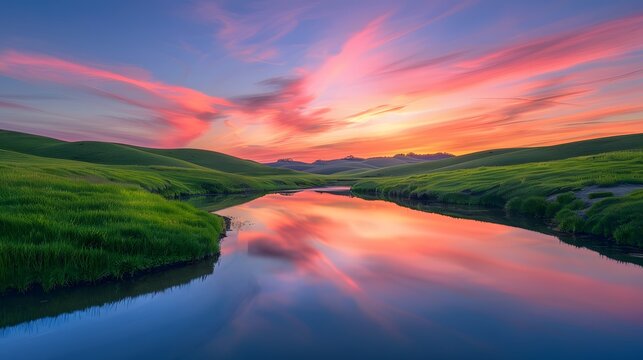 a backdrop of rolling hills and meandering streams, the HD camera captures the serene beauty of a countryside sunset, with vibrant colors streaking