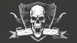 plain black and white vector illustration, white shield frame, skull, head, grunge, heavy metal look, 16:9