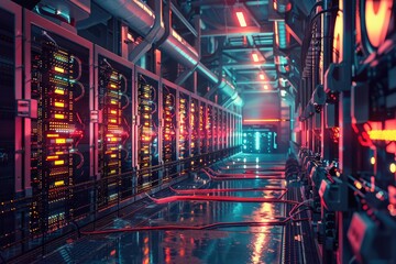 Poster - A row of servers in a server room. Suitable for technology and data center concepts