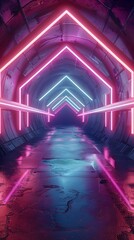 Wall Mural - Neon Arrows in Futuristic Tunnel: Vibrant 3D Render