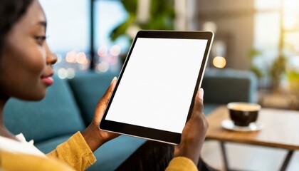 Tablet held by Woman in a Living Room - Mockup for Application or Web Design - Template for Presentation of Graphic Design - Corporate Representation at Consumers