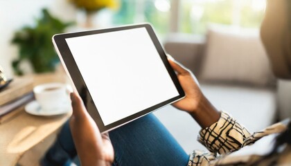 Poster - Tablet held by Woman in a Living Room - Mockup for Application or Web Design - Template for Presentation of Graphic Design - Corporate Representation at Consumers