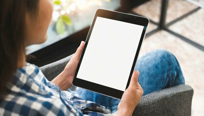 Poster - Tablet held by Woman in a Living Room - Mockup for Application or Web Design - Template for Presentation of Graphic Design - Corporate Representation at Consumers