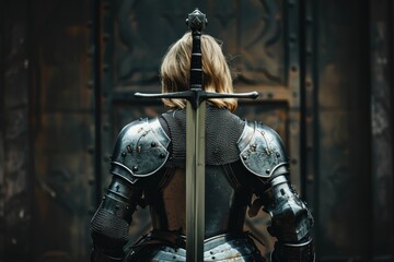 Wall Mural - A woman with blond hair in armor stands with a sword behind her back.