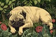A cute pug dog laying in the grass with a stick in its mouth. Ideal for pet lovers and animal enthusiasts