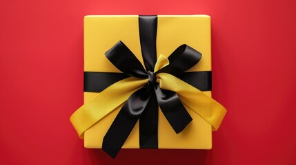 Canvas Print - A stunning Kraft paper gift box adorned with a vibrant yellow and black ribbon bow pops against a vivid red backdrop creating the perfect space for capturing special moments Ideal for gifti