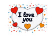 I love you inscription, hearts, colorful confetti on white background. Greeting card design. Valentine's Day