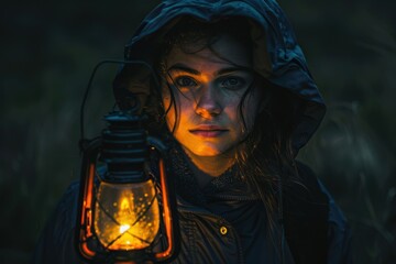 Wall Mural - A woman wearing a black jacket with a hood holds a lantern in a dark setting.