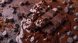 a glossy chocolate bar partially covered in melted chocolate, surrounded by chocolate chips on a textured surface