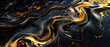 Black oil texture background, wide banner with waves of dark water and gold shine, abstract luxury liquid effect. Concept of paint pattern, sunshine, watercolor, swirl