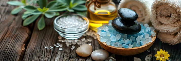 beauty treatment items for spa procedures on wooden table, massage stones, essential oils and sea salt