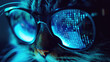 Hacker cat works at computer in dark room, digital data reflected in glasses. Concept of spy, ransomware, technology, hack, funny animal, cyber security, scam, crime