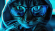 Hacker cat uses computer in dark room, digital data reflected in glasses. Concept of spy, work, technology, hack, funny animal, cyber security, scam, crime