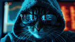 Hacker cat works at computer in dark room, digital data reflected in glasses. Concept of spy, ransomware, technology, hack, funny animal, cyber, scam, crime and virus